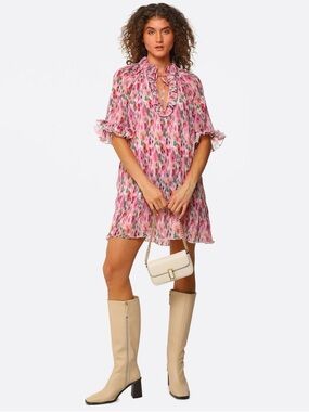Ganni Pink Multi-Print Ruffle-Trim Mini Dress